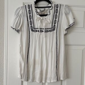 Style & Co. White Blouse with Black Embroidery